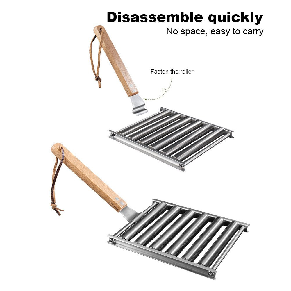 Stainless Steel Hot Dog Roller with Extra-Long Wooden Handle – Cooks 5 Hot Dogs or Sausages Evenly, Durable Rustproof BBQ Grill Accessory for Tailgating, Camping, and Backyard Parties