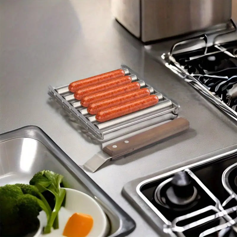 Stainless Steel Hot Dog Roller with Extra-Long Wooden Handle – Cooks 5 Hot Dogs or Sausages Evenly, Durable Rustproof BBQ Grill Accessory for Tailgating, Camping, and Backyard Parties
