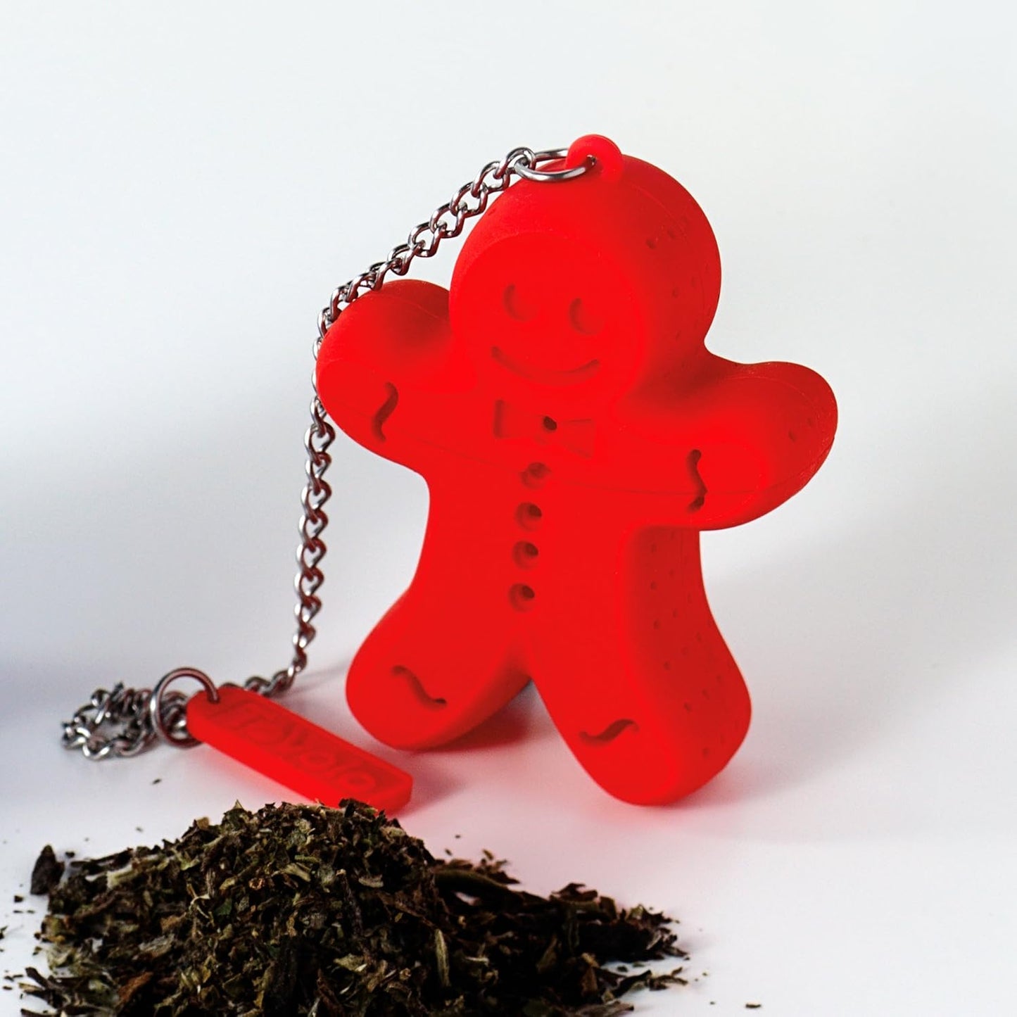 Tovolo Gingerbread Man Tea Infuser – Reusable Silicone Loose-Leaf Tea Holder with Stainless Steel Chain (Red)