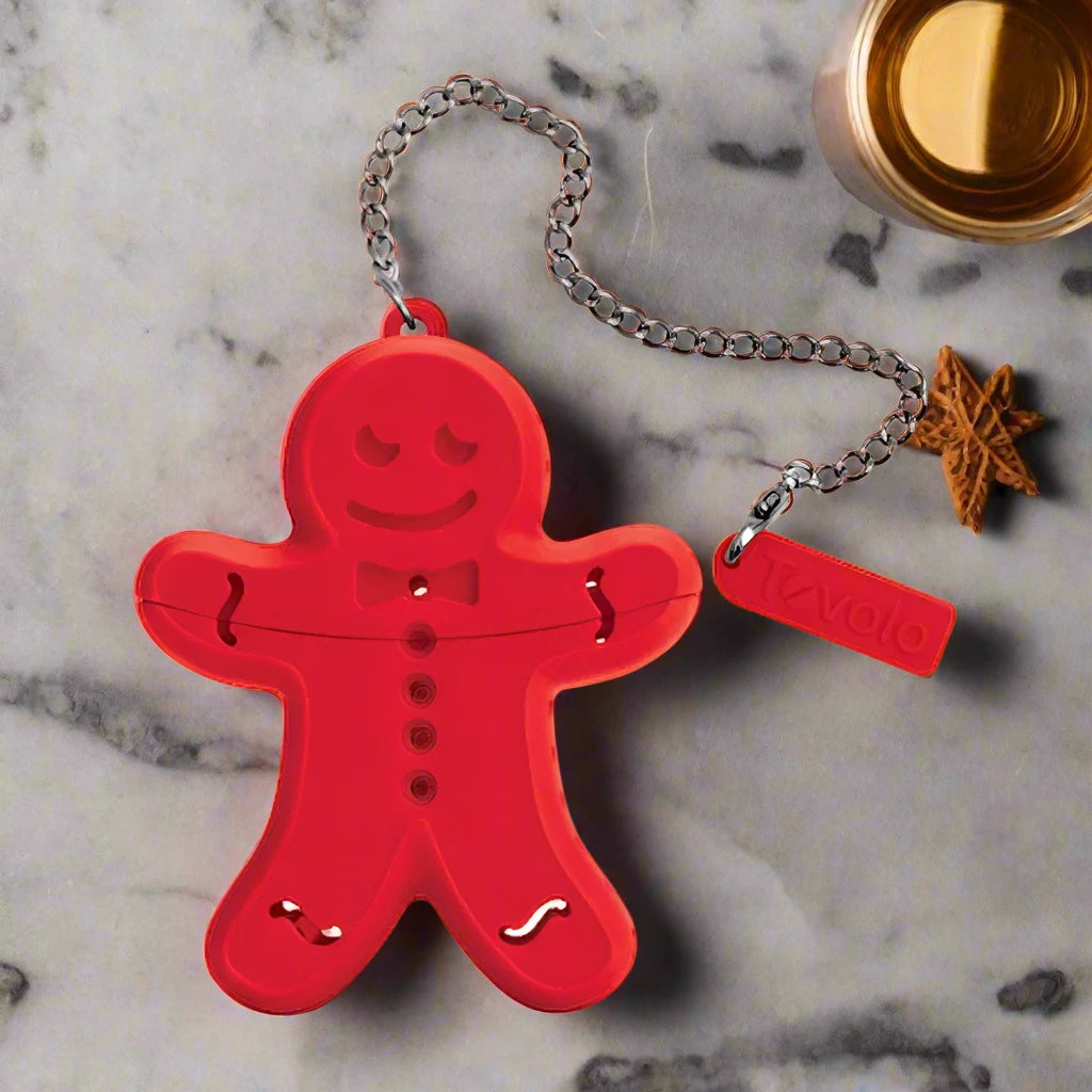 Tovolo Gingerbread Man Tea Infuser – Reusable Silicone Loose-Leaf Tea Holder with Stainless Steel Chain (Red)