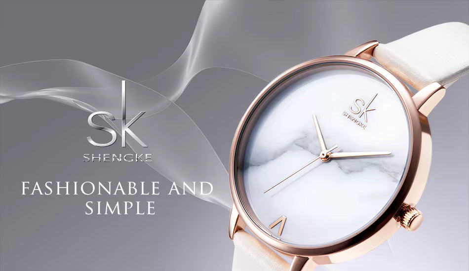 Minimalist Shengke Women's Watch with Marble Dial and Leather Band, Elegant and Waterproof