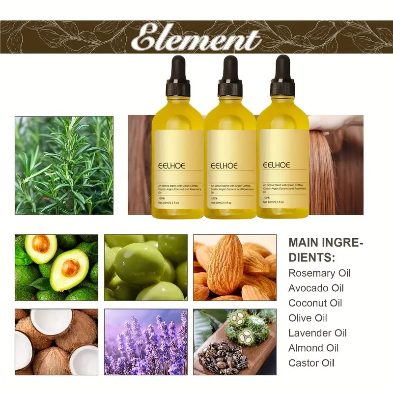 EELHOE Rosemary Hair Growth Oil Serum - 3-Pack Natural Formula for Hair Thinning (60ml Each)