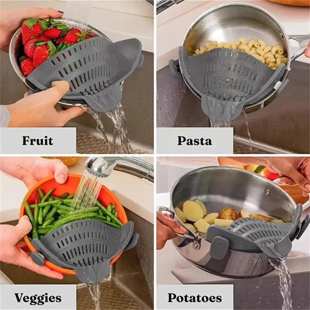 Universal Silicone Clip-On Strainer: Effortlessly Strain Pots & Pans - No More Messes!