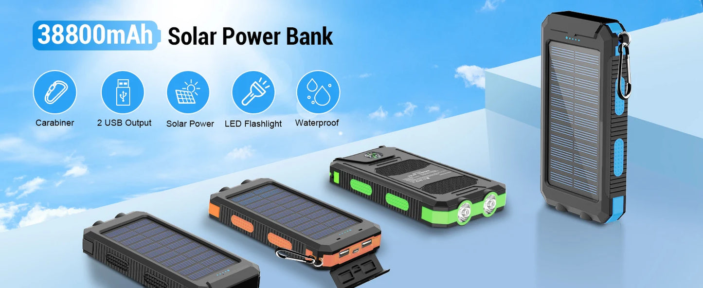 Waterproof Outdoor Solar Power Bank 38800mAh Dual USB Travel Outdoor Solar Mobile Phone Charger Solar Powerbanks For Camping