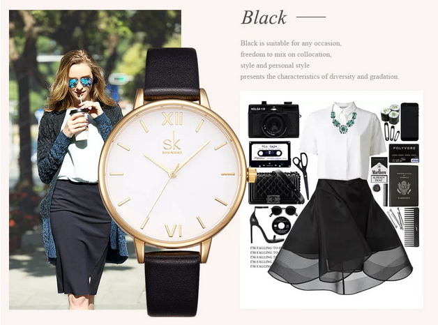 Minimalist Shengke Women's Watch with Marble Dial and Leather Band, Elegant and Waterproof