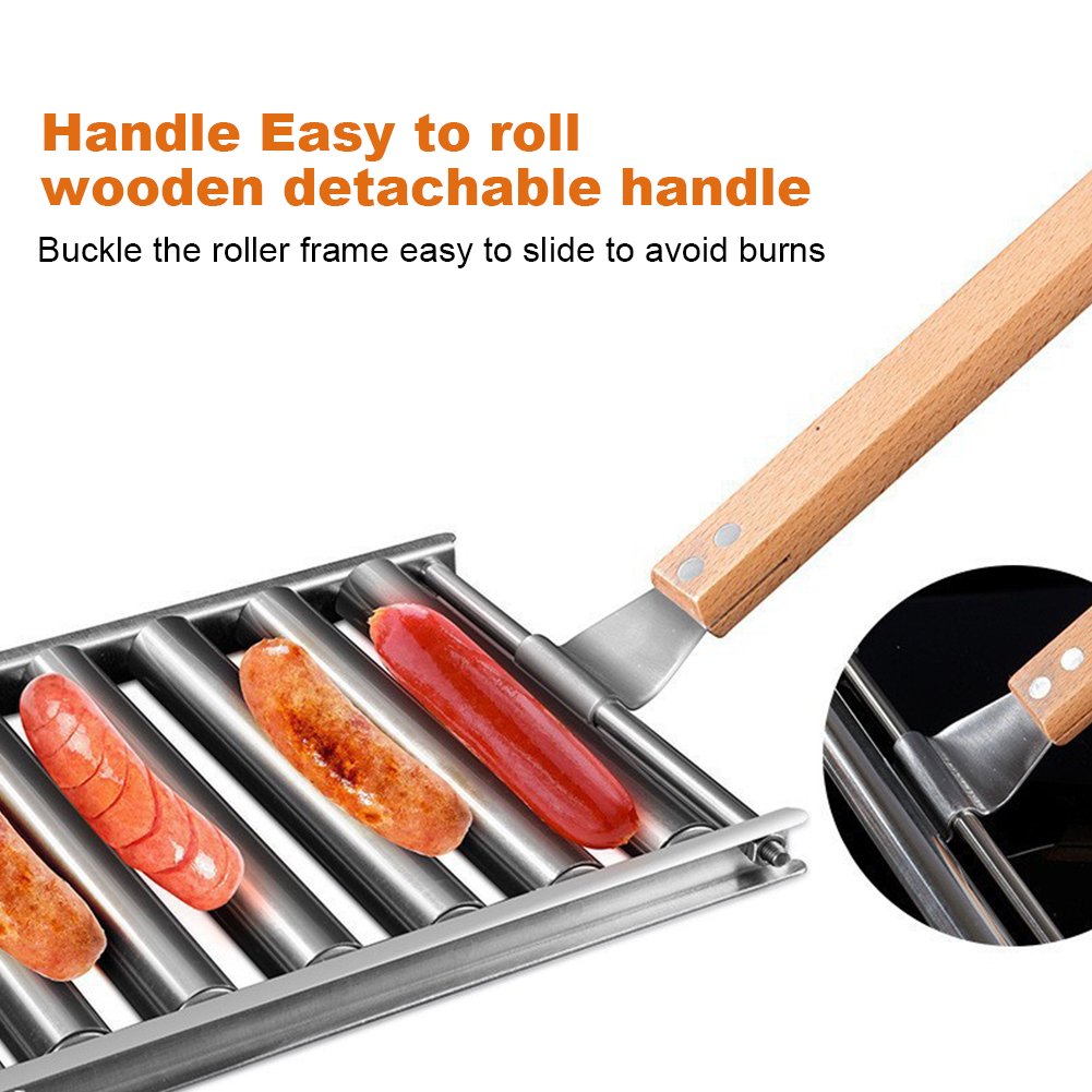 Stainless Steel Hot Dog Roller with Extra-Long Wooden Handle – Cooks 5 Hot Dogs or Sausages Evenly, Durable Rustproof BBQ Grill Accessory for Tailgating, Camping, and Backyard Parties