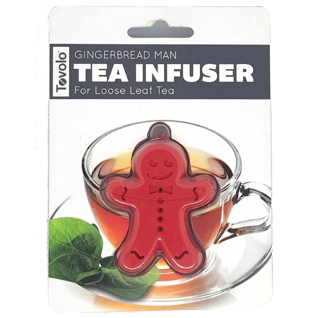Tovolo Gingerbread Man Tea Infuser – Reusable Silicone Loose-Leaf Tea Holder with Stainless Steel Chain (Red)