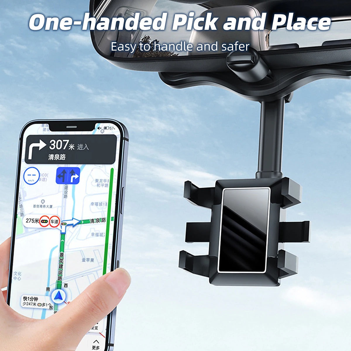 360° Rotatable Review Mirror Smart Phone Holder for Car Buckle Type Universal Adjustable Telescopic Car Rotatable Phone Holder for Car Compatible with all Mobile Phones