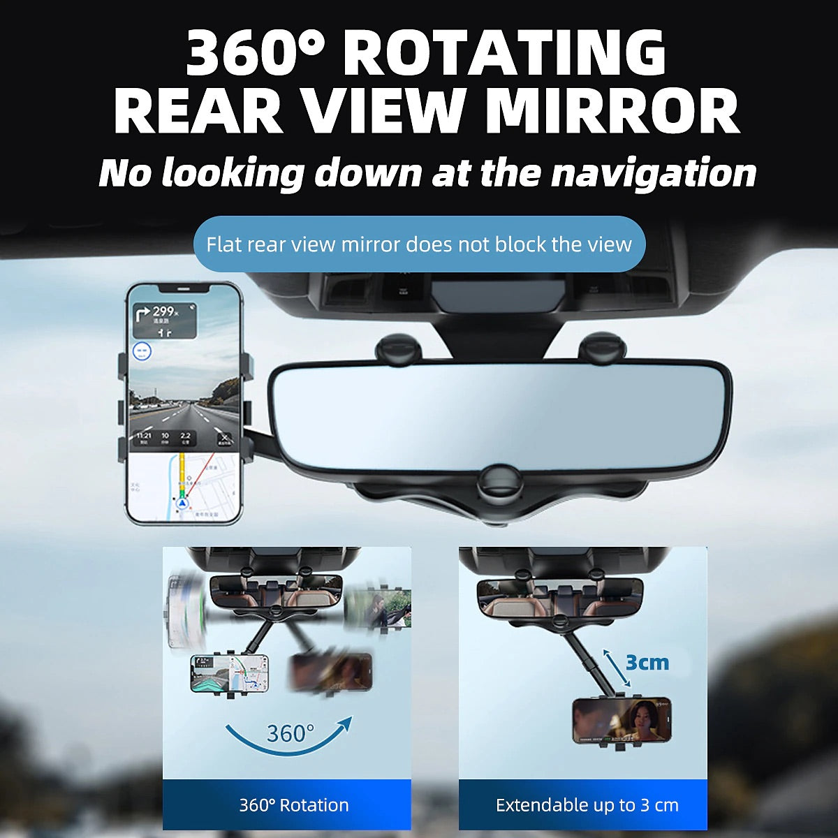 360° Rotatable Review Mirror Smart Phone Holder for Car Buckle Type Universal Adjustable Telescopic Car Rotatable Phone Holder for Car Compatible with all Mobile Phones