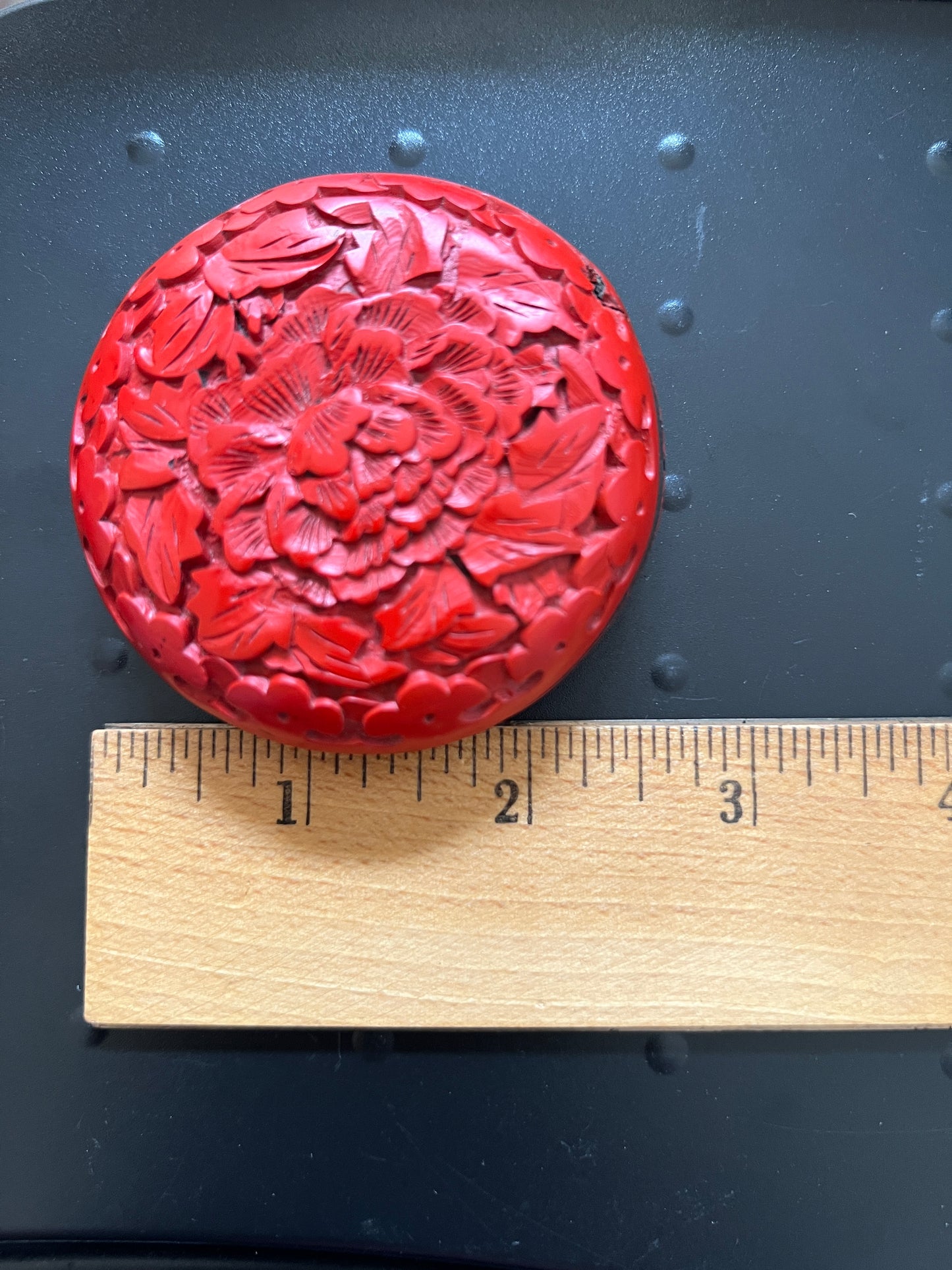 Vintage Chinese Hand-Carved Round Cinnabar Lacquer Trinket Box: Peony of Prosperity