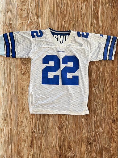 90s Vintage Dallas Cowboys Emmitt Smith #22 Starter Jersey - Iconic - White/Blue Mesh (Size 48/L)