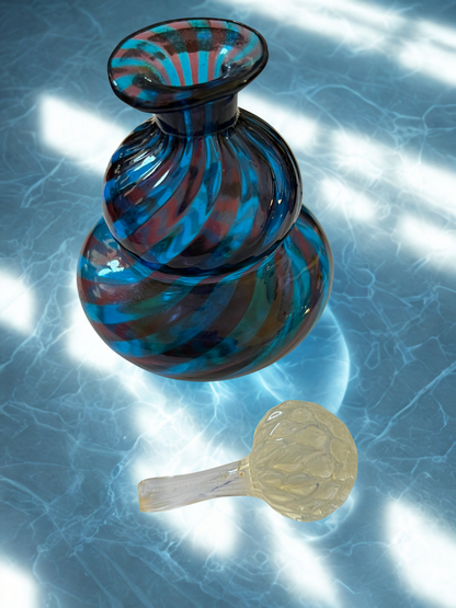 Art Glass Swirl Perfume Bottle Cobalt Blue Purple Murano Style Bubble Stopper 4.75"