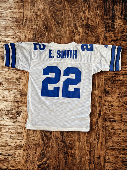 90s Vintage Dallas Cowboys Emmitt Smith #22 Starter Jersey - Iconic - White/Blue Mesh (Size 48/L)