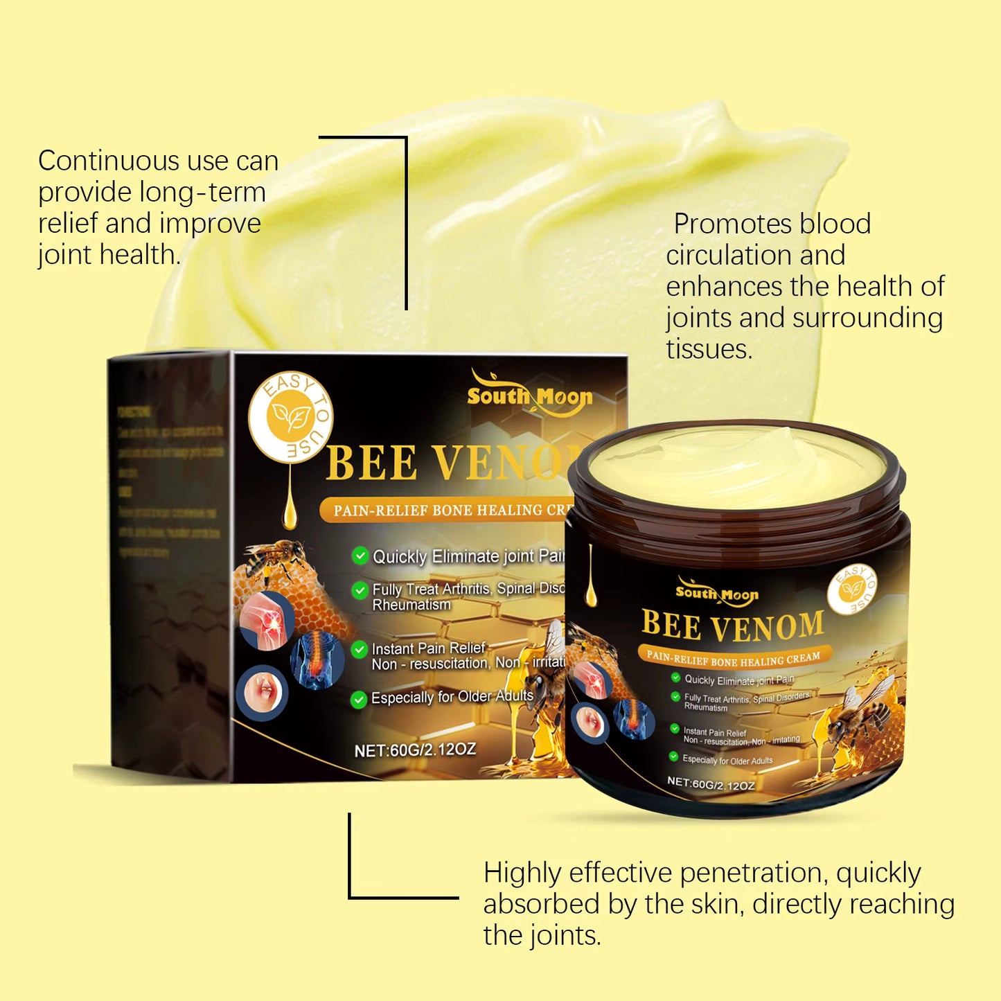 Bee Venom Joint Relief Cream (2-Pack) - 60g Natural Pain Relief Cream with Honey & Glycerin for Arthritis, Muscle Pain & Joint Stiffness