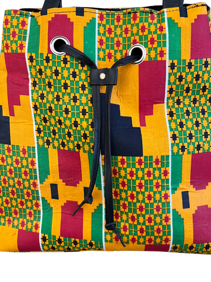 African Kente Print Bucket Shoulder Bag & Matching Wallet – Handmade Ankara Set