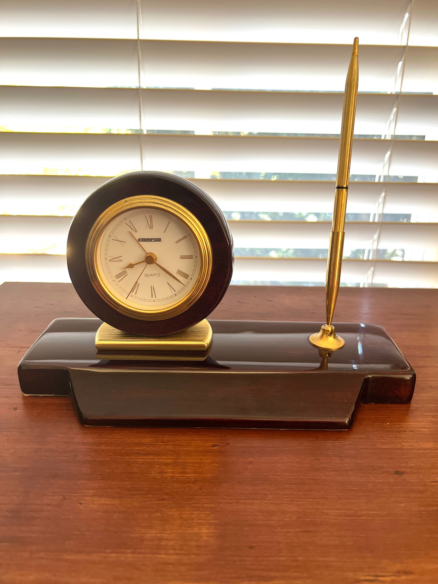 Elegant Executive: Vintage Timedesign Mahogany & Brass Desk Clock and Pen Set