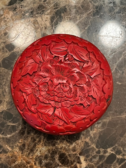 Vintage Chinese Hand-Carved Round Cinnabar Lacquer Trinket Box: Peony of Prosperity