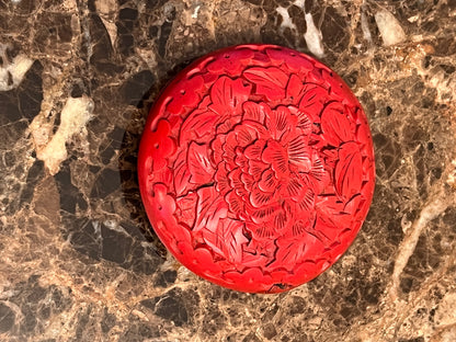 Vintage Chinese Hand-Carved Round Cinnabar Lacquer Trinket Box: Peony of Prosperity