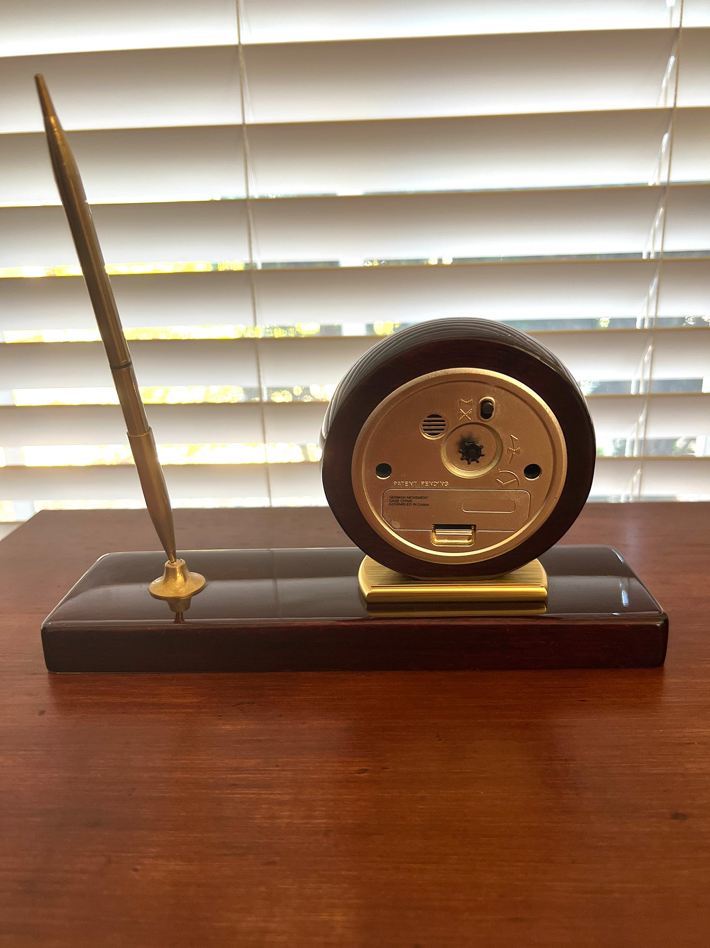 Elegant Executive: Vintage Timedesign Mahogany & Brass Desk Clock and Pen Set