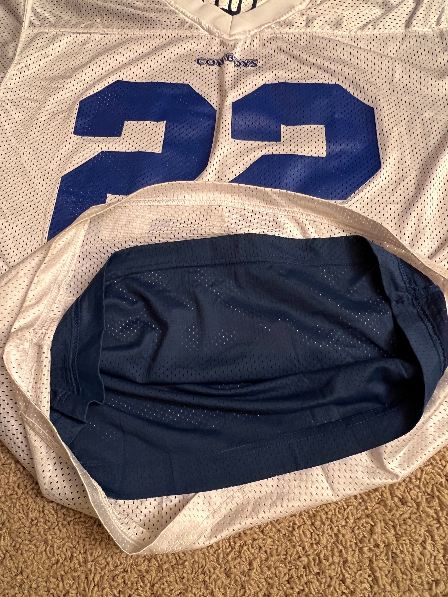 90s Vintage Dallas Cowboys Emmitt Smith #22 Starter Jersey - Iconic - White/Blue Mesh (Size 48/L)