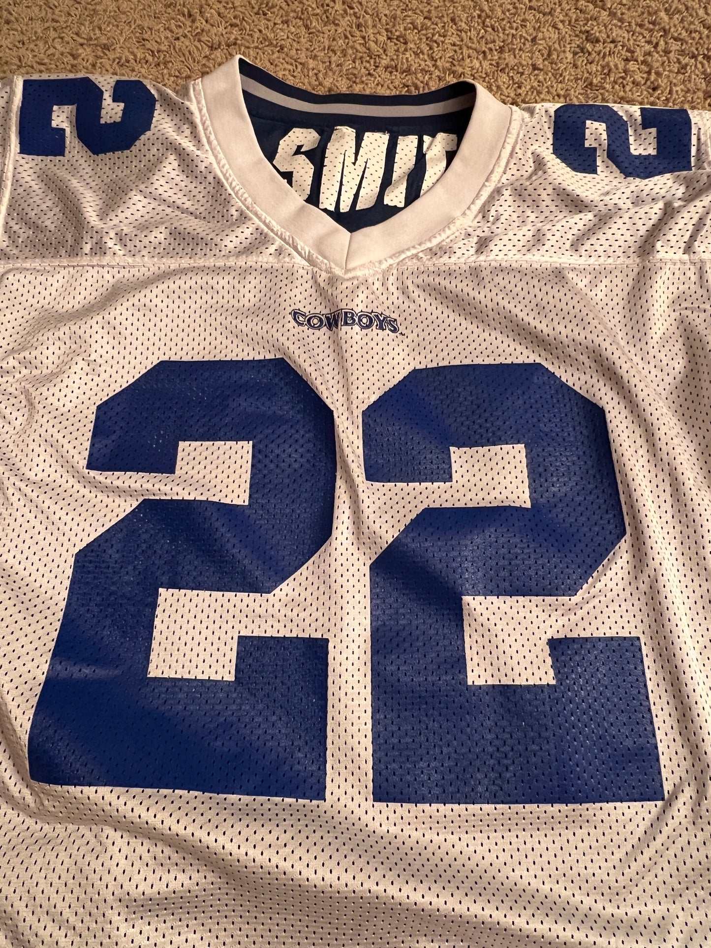 90s Vintage Dallas Cowboys Emmitt Smith #22 Starter Jersey - Iconic - White/Blue Mesh (Size 48/L)
