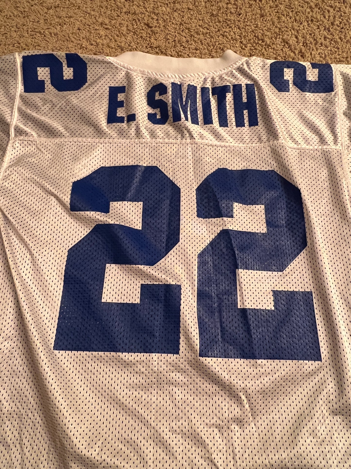 90s Vintage Dallas Cowboys Emmitt Smith #22 Starter Jersey - Iconic - White/Blue Mesh (Size 48/L)