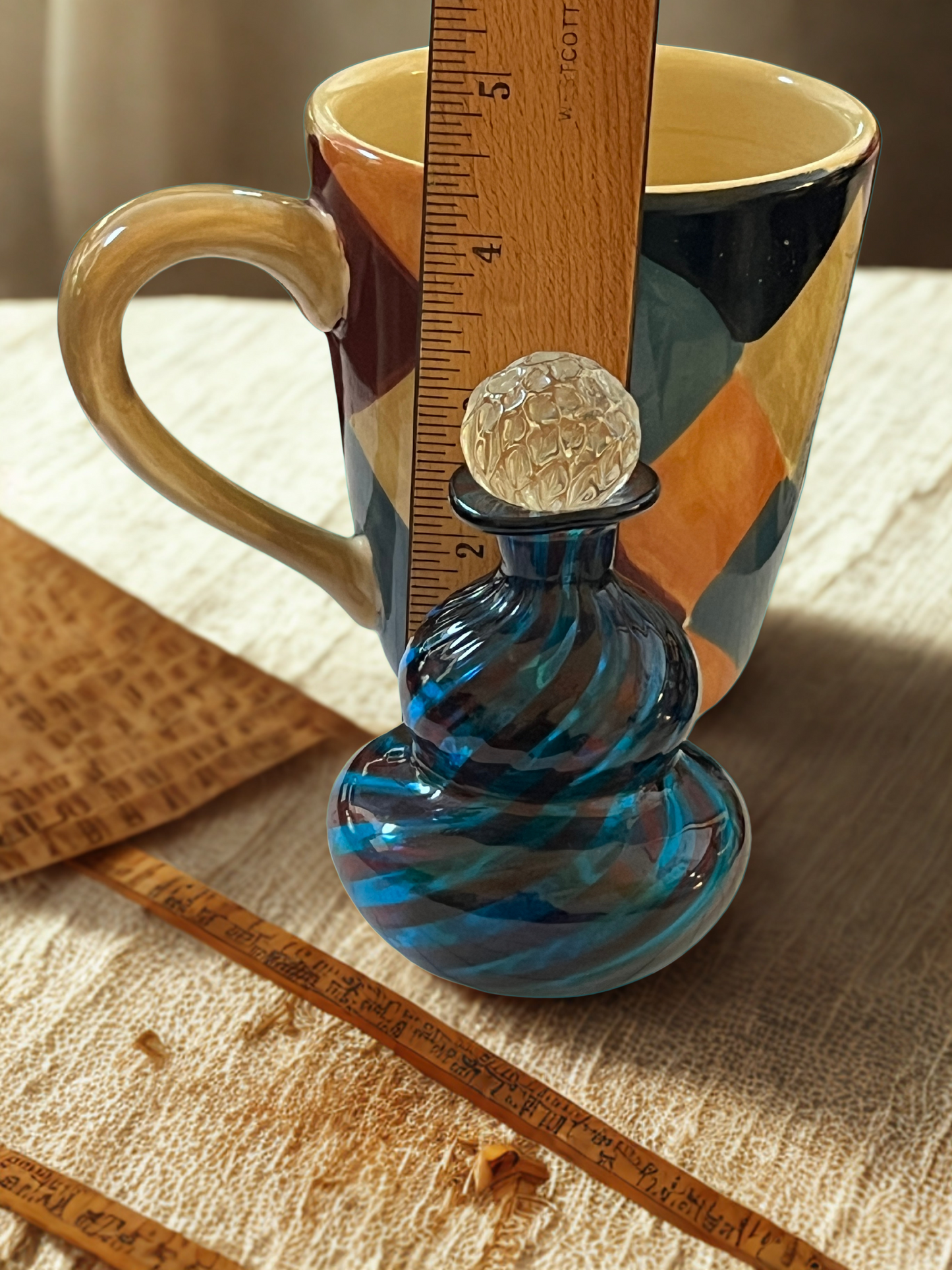 Art Glass Swirl Perfume Bottle Cobalt Blue Purple Murano Style Bubble Stopper 4.75"