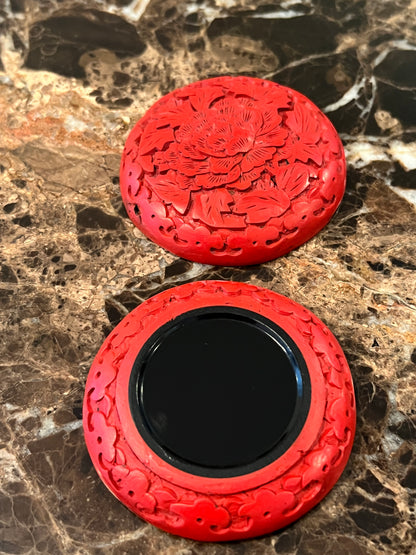 Vintage Chinese Hand-Carved Round Cinnabar Lacquer Trinket Box: Peony of Prosperity