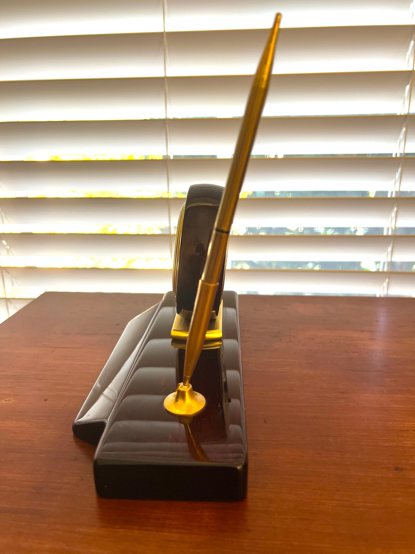 Elegant Executive: Vintage Timedesign Mahogany & Brass Desk Clock and Pen Set