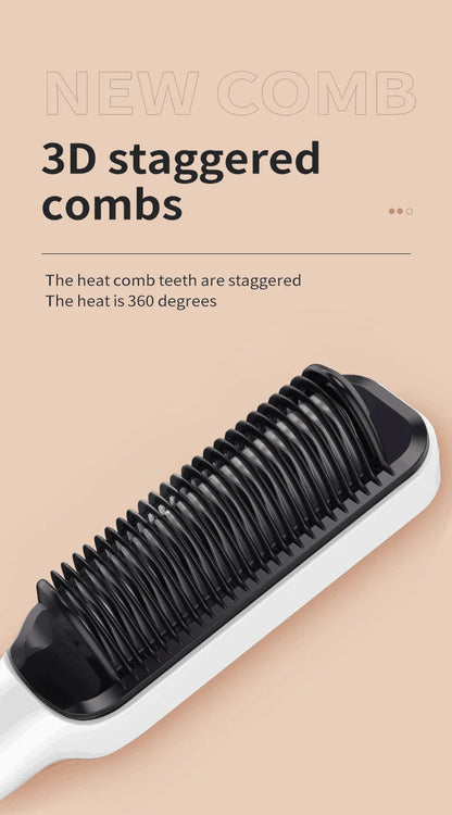 3-in-1 Ceramic Fast-Heating Hair Straightener Comb with Negative Ions - Anti-Scald, 5-Temp Settings & LCD Display for All Hair & Beard Types, White