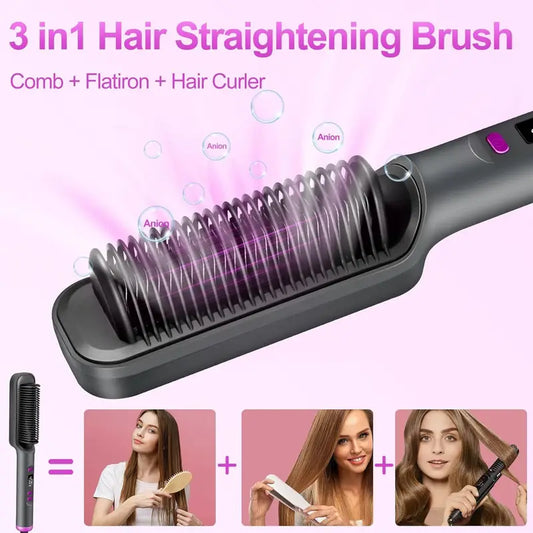 3-in-1 Ceramic Fast-Heating Hair Straightener Comb with Negative Ions - Anti-Scald, 5-Temp Settings & LCD Display for All Hair & Beard Types, White
