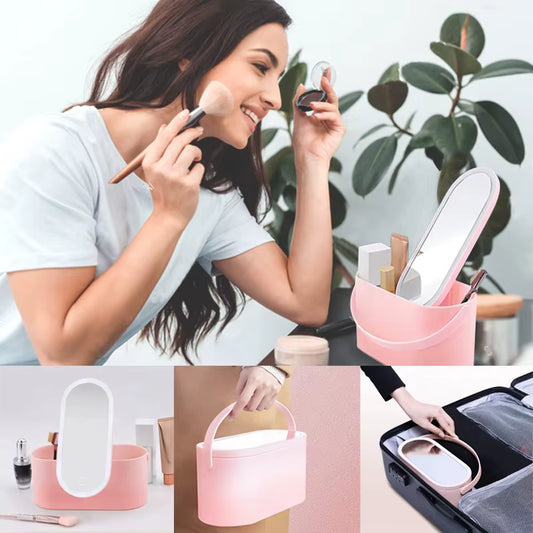 All-in-One LED Makeup Organizer Box with Rechargeable 5200K Mirror – Portable Cosmetic Storage, Adjustable Dividers & USB Charging, Travel Vanity Case for Makeup, Skincare & Jewelry