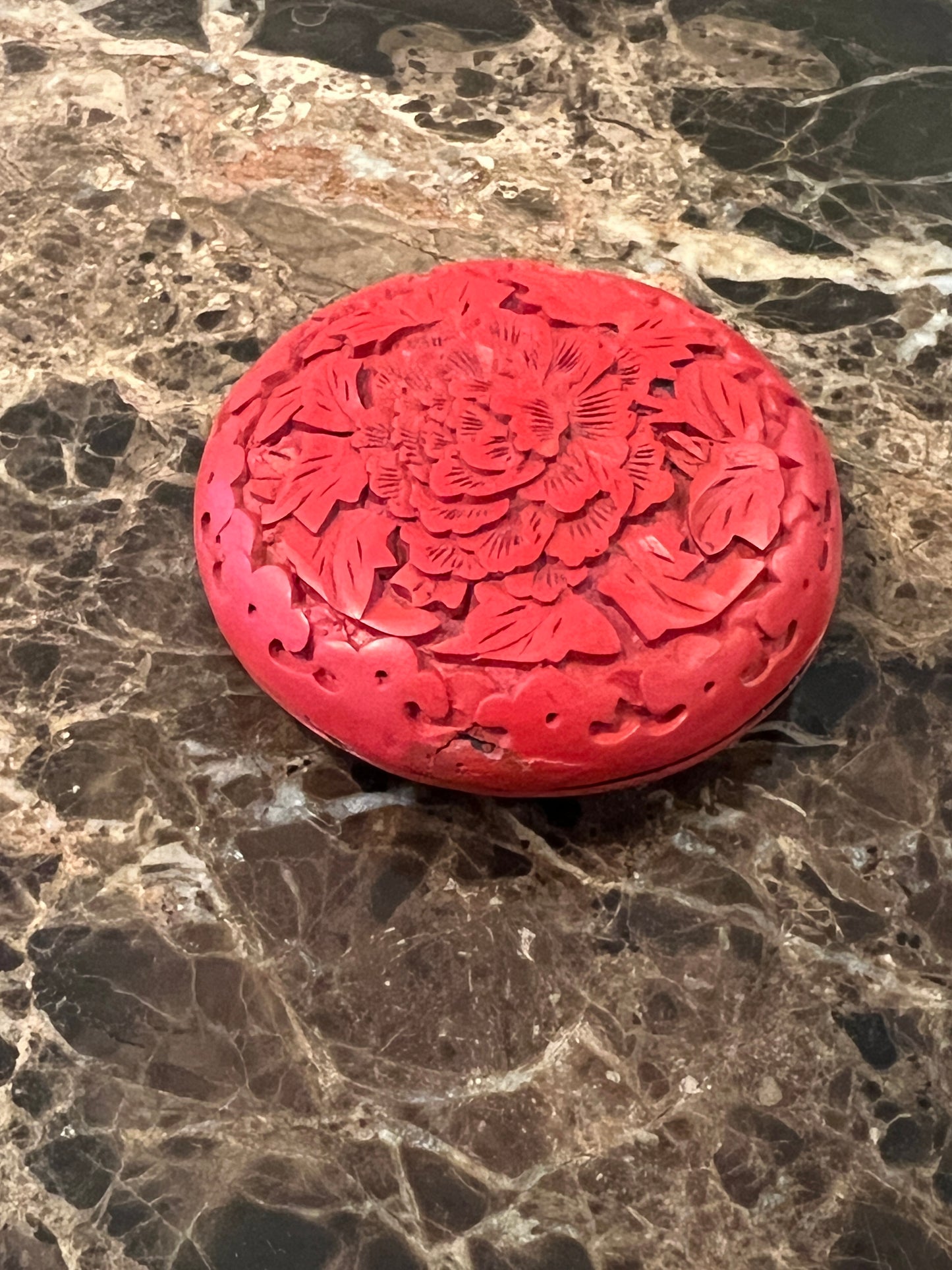 Vintage Chinese Hand-Carved Round Cinnabar Lacquer Trinket Box: Peony of Prosperity