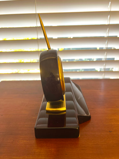 Elegant Executive: Vintage Timedesign Mahogany & Brass Desk Clock and Pen Set