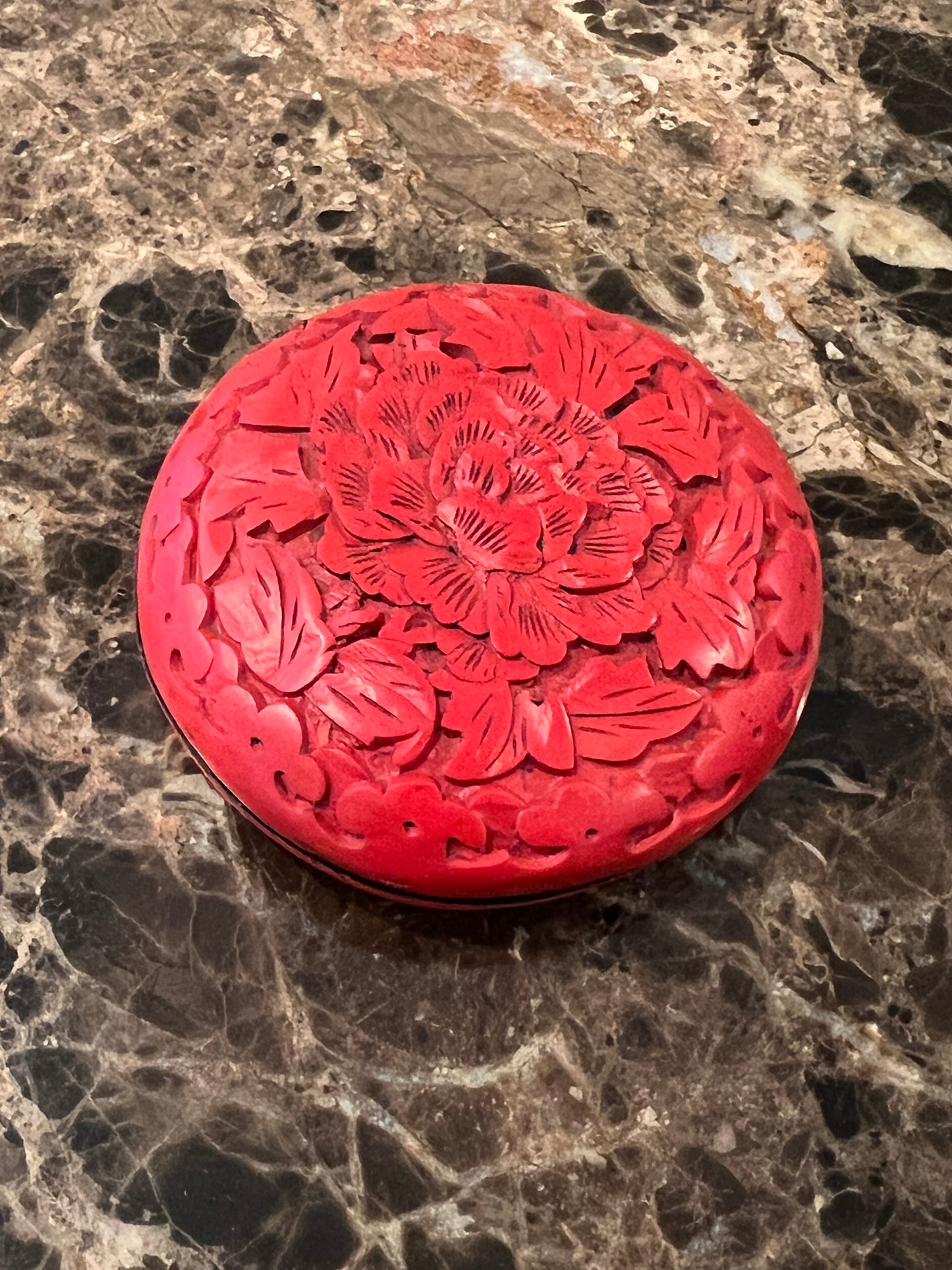 Vintage Chinese Hand-Carved Round Cinnabar Lacquer Trinket Box: Peony of Prosperity