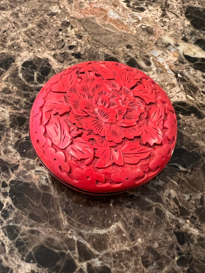 Vintage Chinese Hand-Carved Round Cinnabar Lacquer Trinket Box: Peony of Prosperity
