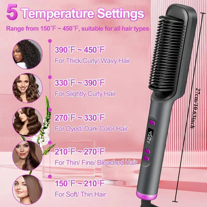 3-in-1 Ceramic Fast-Heating Hair Straightener Comb with Negative Ions - Anti-Scald, 5-Temp Settings & LCD Display for All Hair & Beard Types, White