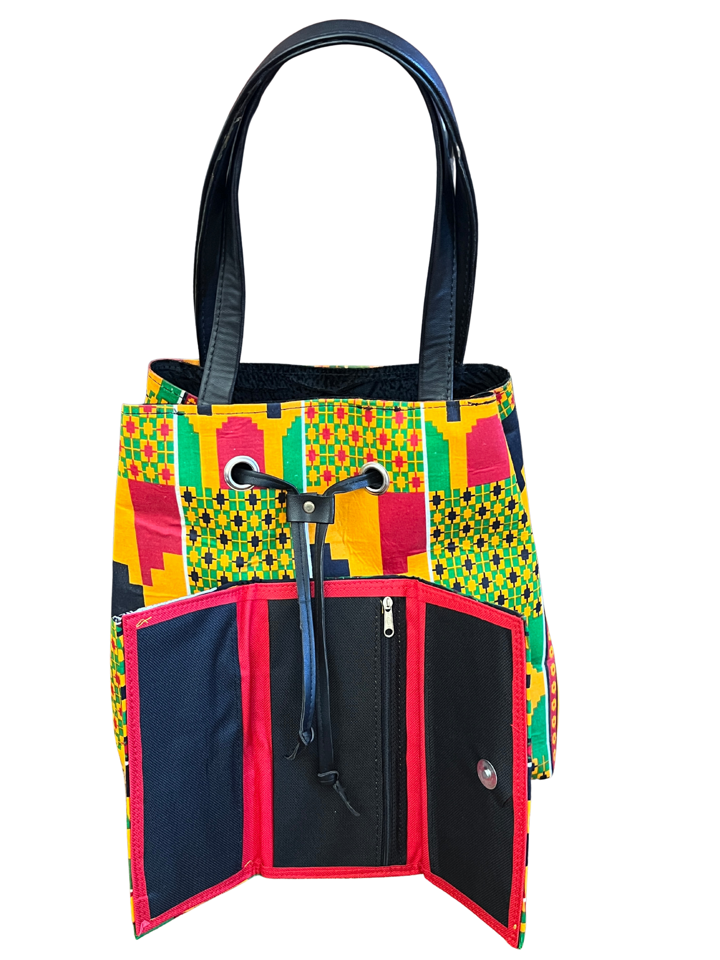 African Kente Print Bucket Shoulder Bag & Matching Wallet – Handmade Ankara Set