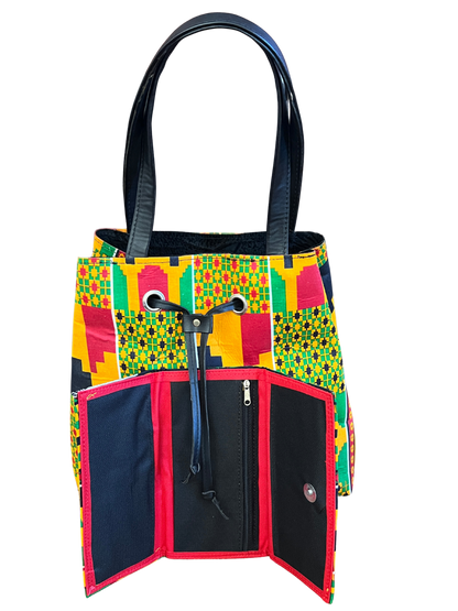 African Kente Print Bucket Shoulder Bag & Matching Wallet – Handmade Ankara Set