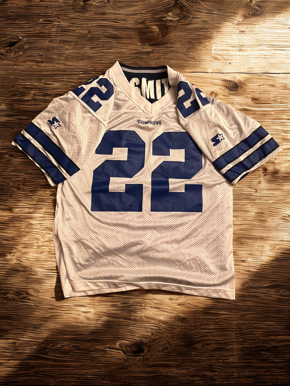 90s Vintage Dallas Cowboys Emmitt Smith #22 Starter Jersey - Iconic - White/Blue Mesh (Size 48/L)