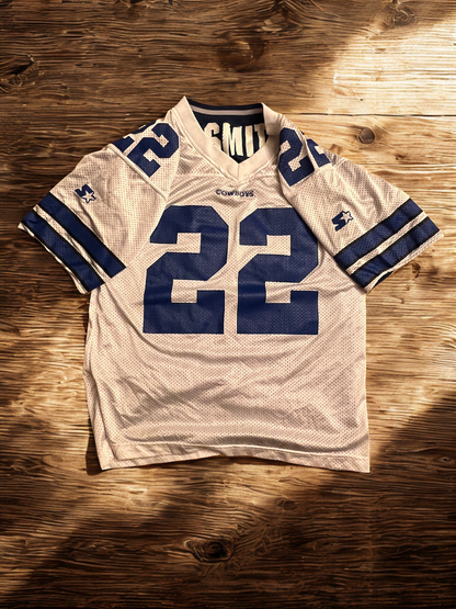 90s Vintage Dallas Cowboys Emmitt Smith #22 Starter Jersey - Iconic - White/Blue Mesh (Size 48/L)
