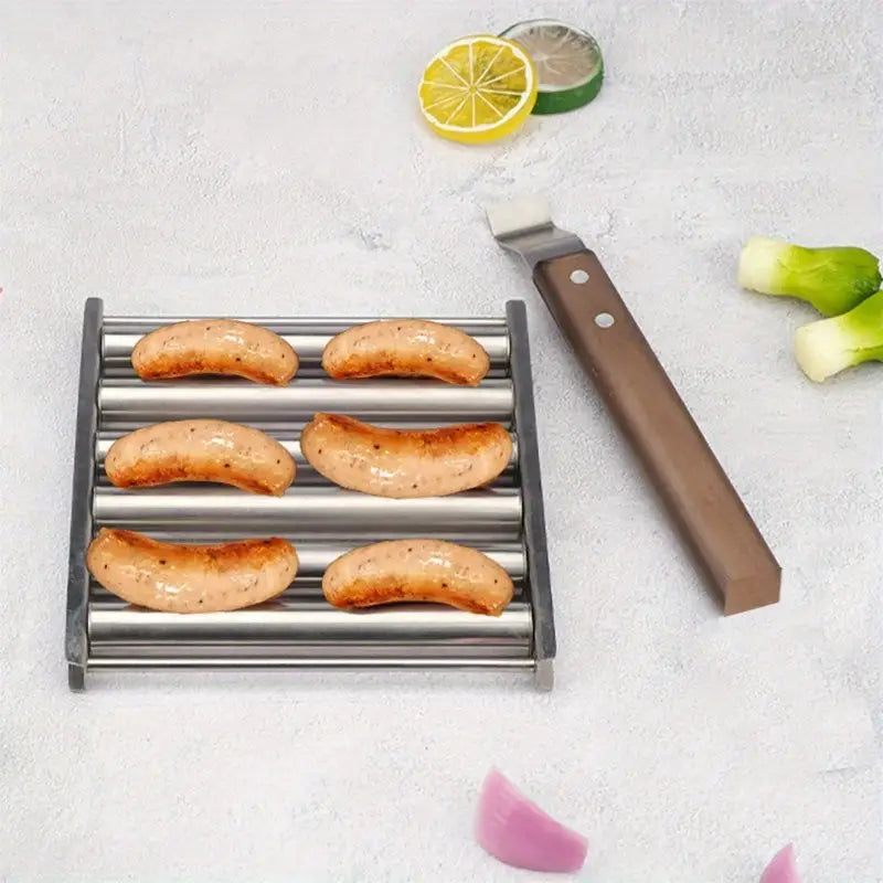 Stainless Steel Hot Dog Roller with Extra-Long Wooden Handle – Cooks 5 Hot Dogs or Sausages Evenly, Durable Rustproof BBQ Grill Accessory for Tailgating, Camping, and Backyard Parties