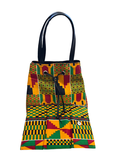 African Kente Print Bucket Shoulder Bag & Matching Wallet – Handmade Ankara Set
