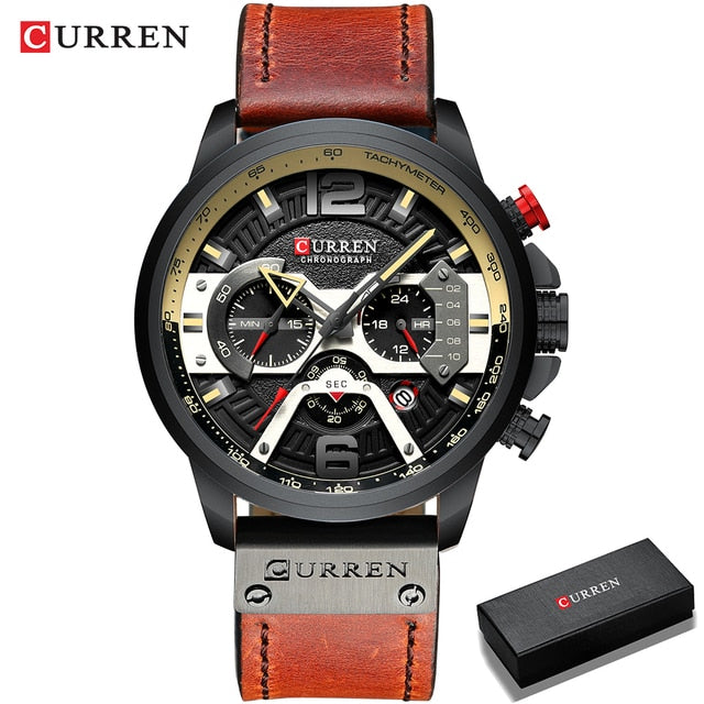 Leather Military Chronograph Wristwatch