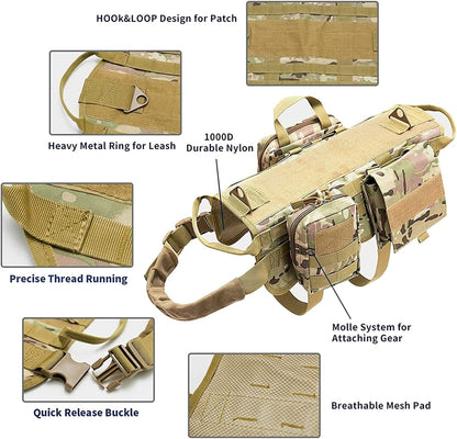 Military-Grade Adjustable Dog Harness - Durable Nylon Harness with MOLLE System; Padded Comfort for Training and Hiking