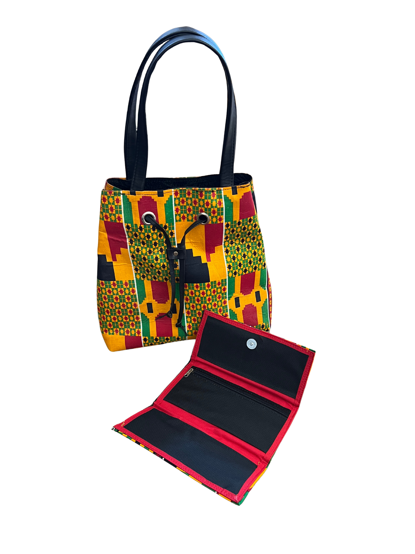 African Kente Print Bucket Shoulder Bag & Matching Wallet – Handmade Ankara Set