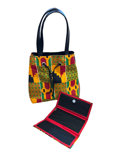 African Kente Print Bucket Shoulder Bag & Matching Wallet – Handmade Ankara Set