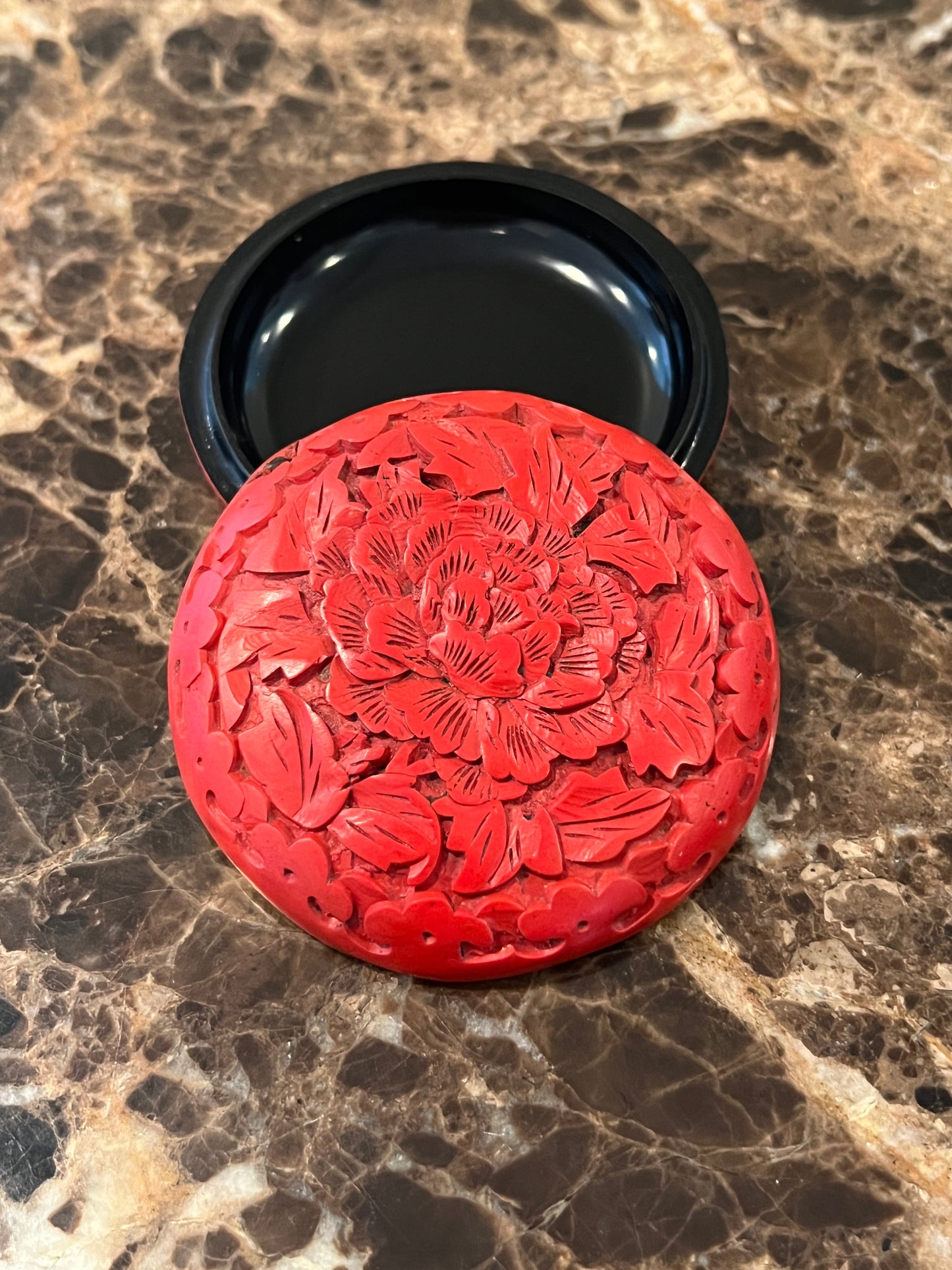Vintage Chinese Hand-Carved Round Cinnabar Lacquer Trinket Box: Peony of Prosperity