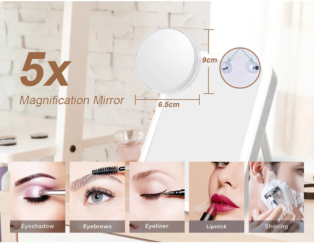 Rechargeable LED Makeup Mirror with 5X Magnification - Touch Control Vanity Mirror with 3 Light Modes up to 45° Angle, Portable Travel Design & USB Charging (7x5 inch)