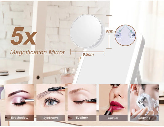 Rechargeable LED Makeup Mirror with 5X Magnification - Touch Control Vanity Mirror with 3 Light Modes up to 45° Angle, Portable Travel Design & USB Charging (7x5 inch)